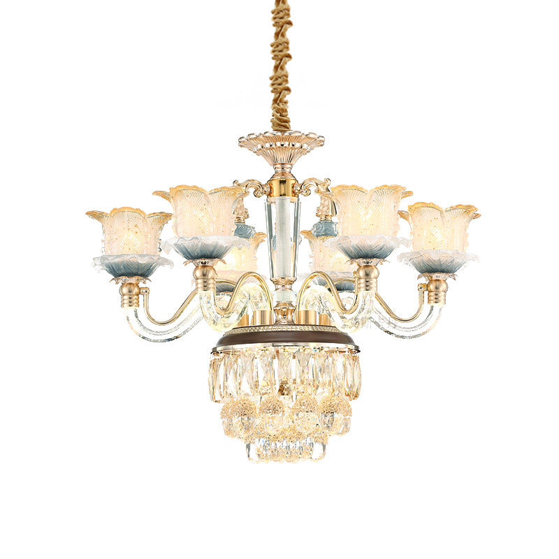 Flower Crystal Hanging Ceiling Light Traditional 8-Bulb Living Room Chandelier Lamp in Gold Clearhalo 'Ceiling Lights' 'Chandeliers' Lighting' options 738164