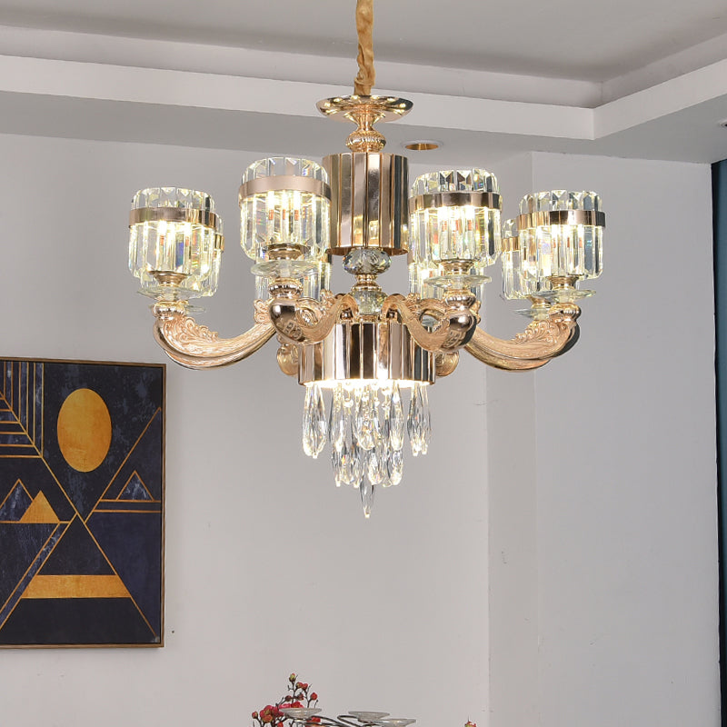 6/8 Lights Cylinder Chandelier Lighting Modern Gold Crystal Ceiling Pendant Lamp over Table Clearhalo 'Ceiling Lights' 'Chandeliers' 'Modern Chandeliers' 'Modern' Lighting' 738180