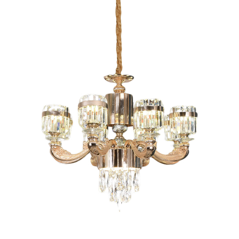 6/8 Lights Cylinder Chandelier Lighting Modern Gold Crystal Ceiling Pendant Lamp over Table Clearhalo 'Ceiling Lights' 'Chandeliers' 'Modern Chandeliers' 'Modern' Lighting' 738181