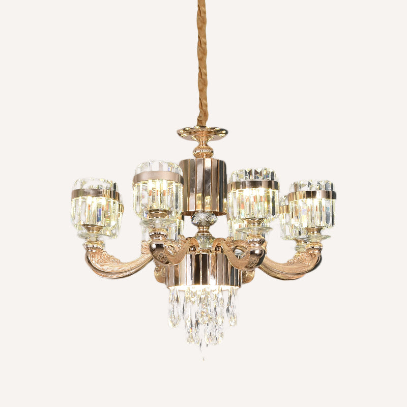 6/8 Lights Cylinder Chandelier Lighting Modern Gold Crystal Ceiling Pendant Lamp over Table Clearhalo 'Ceiling Lights' 'Chandeliers' 'Modern Chandeliers' 'Modern' Lighting' 738182