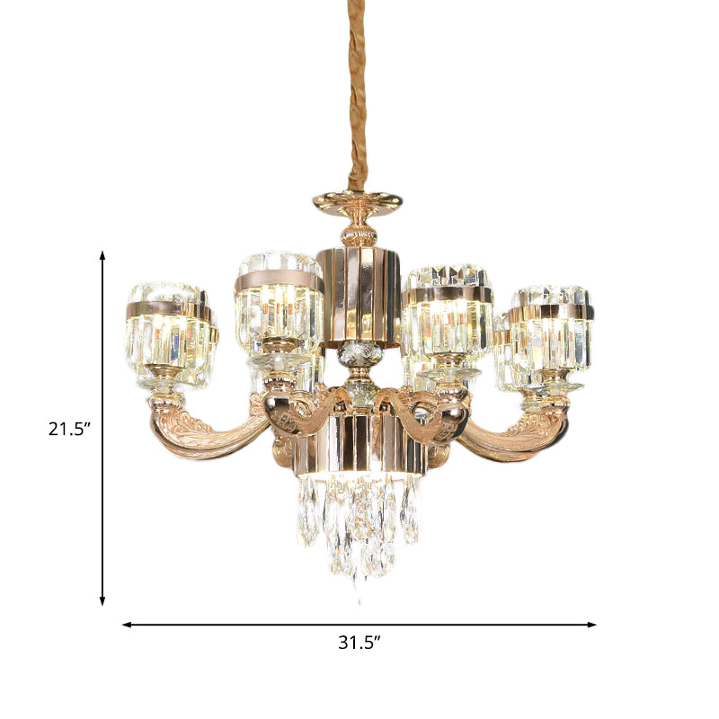 6/8 Lights Cylinder Chandelier Lighting Modern Gold Crystal Ceiling Pendant Lamp over Table Clearhalo 'Ceiling Lights' 'Chandeliers' 'Modern Chandeliers' 'Modern' Lighting' 738183