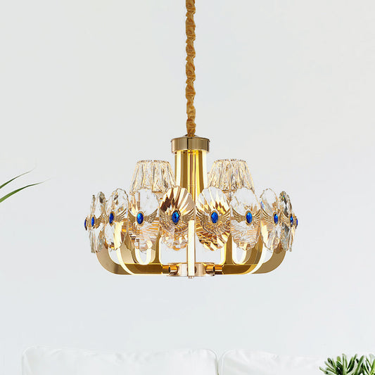 Round Panel Crystal Pendant Chandelier Modernist 8 Bulbs Living Room LED Ceiling Hang Fixture in Gold with Cone Shade Gold Clearhalo 'Ceiling Lights' 'Chandeliers' 'Modern Chandeliers' 'Modern' Lighting' 738184