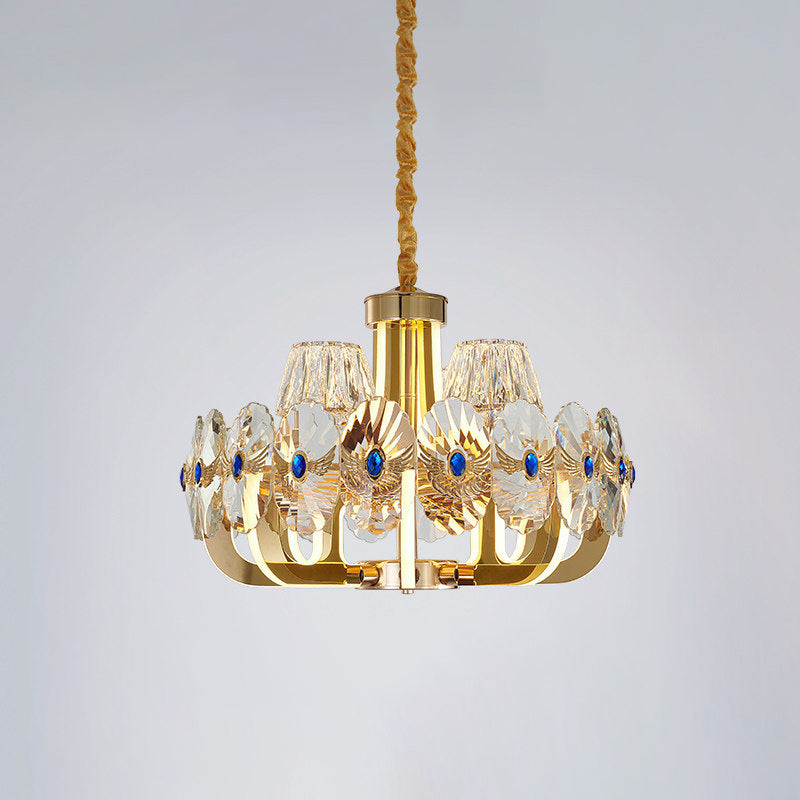 Round Panel Crystal Pendant Chandelier Modernist 8 Bulbs Living Room LED Ceiling Hang Fixture in Gold with Cone Shade Clearhalo 'Ceiling Lights' 'Chandeliers' 'Modern Chandeliers' 'Modern' Lighting' 738186