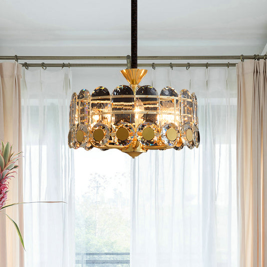 9-Light Chandelier Modernist Restaurant Hanging Ceiling Lamp with Round Crystal Panel Shade in Gold Gold Clearhalo 'Ceiling Lights' 'Chandeliers' 'Modern Chandeliers' 'Modern' Lighting' 738188