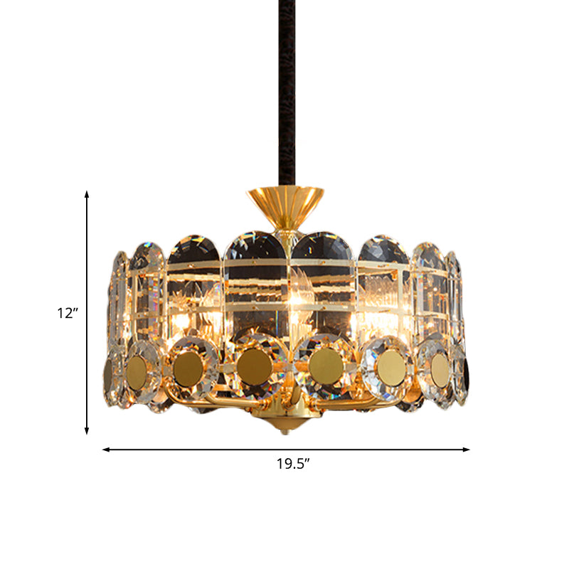 9-Light Chandelier Modernist Restaurant Hanging Ceiling Lamp with Round Crystal Panel Shade in Gold Clearhalo 'Ceiling Lights' 'Chandeliers' 'Modern Chandeliers' 'Modern' Lighting' 738191