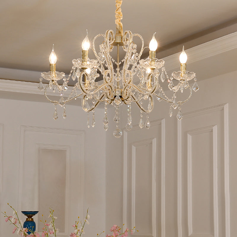 Traditionalism Candelabra Chandelier 6-Bulb Clear Crystal Hanging Light Fixture with Metal Scrolled Arm Clear Clearhalo 'Ceiling Lights' 'Chandeliers' Lighting' options 738208_3430ac25-891c-4769-bc6b-9f6a86012847