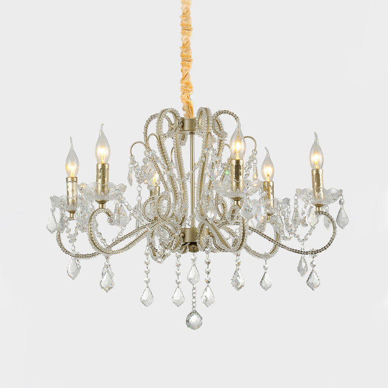 Traditionalism Candelabra Chandelier 6-Bulb Clear Crystal Hanging Light Fixture with Metal Scrolled Arm Clearhalo 'Ceiling Lights' 'Chandeliers' Lighting' options 738209