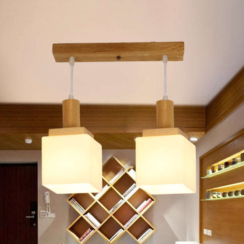 Wood Cube Multiple Hanging Light Modern 2/3 Heads Opal Glass Pendant Lamp Fixture with Linear Canopy 2 Wood Clearhalo 'Ceiling Lights' 'Glass shade' 'Glass' 'Modern Pendants' 'Modern' 'Pendant Lights' 'Pendants' Lighting' 738233