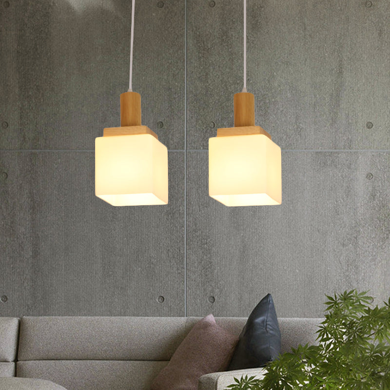 Wood Cube Multiple Hanging Light Modern 2/3 Heads Opal Glass Pendant Lamp Fixture with Linear Canopy Clearhalo 'Ceiling Lights' 'Glass shade' 'Glass' 'Modern Pendants' 'Modern' 'Pendant Lights' 'Pendants' Lighting' 738234