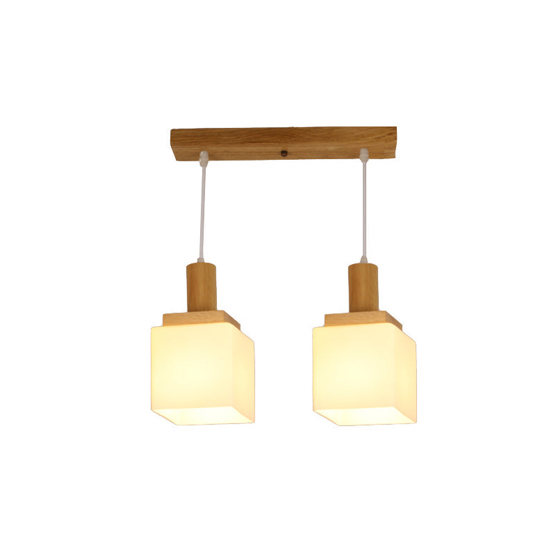 Wood Cube Multiple Hanging Light Modern 2/3 Heads Opal Glass Pendant Lamp Fixture with Linear Canopy Clearhalo 'Ceiling Lights' 'Glass shade' 'Glass' 'Modern Pendants' 'Modern' 'Pendant Lights' 'Pendants' Lighting' 738235