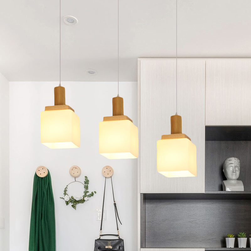 Wood Cube Multiple Hanging Light Modern 2/3 Heads Opal Glass Pendant Lamp Fixture with Linear Canopy Clearhalo 'Ceiling Lights' 'Glass shade' 'Glass' 'Modern Pendants' 'Modern' 'Pendant Lights' 'Pendants' Lighting' 738239