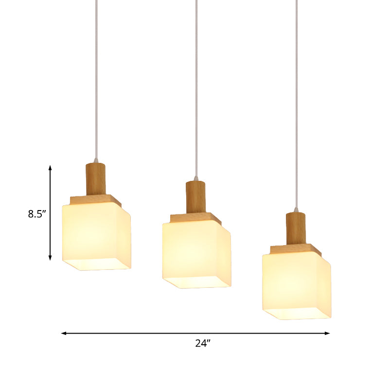 Wood Cube Multiple Hanging Light Modern 2/3 Heads Opal Glass Pendant Lamp Fixture with Linear Canopy Clearhalo 'Ceiling Lights' 'Glass shade' 'Glass' 'Modern Pendants' 'Modern' 'Pendant Lights' 'Pendants' Lighting' 738241