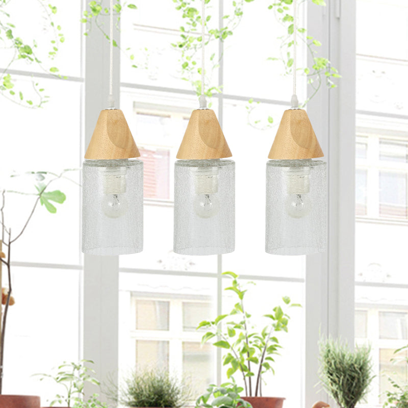 Clear Cracked Glass Tube Multi Light Pendant Modernism 3-Bulb Wood Suspension Lamp for Dining Room Wood Clearhalo 'Ceiling Lights' 'Modern Pendants' 'Modern' 'Pendant Lights' 'Pendants' Lighting' 738271