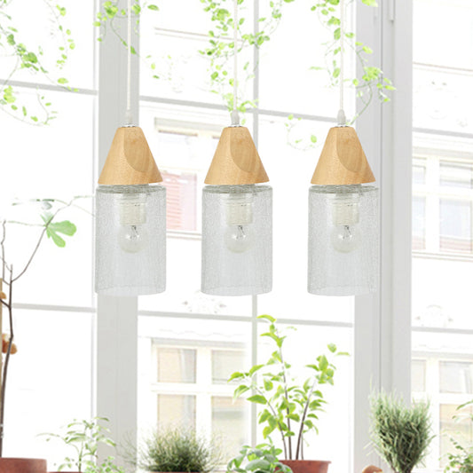 Clear Cracked Glass Tube Multi Light Pendant Modernism 3-Bulb Wood Suspension Lamp for Dining Room Wood Clearhalo 'Ceiling Lights' 'Modern Pendants' 'Modern' 'Pendant Lights' 'Pendants' Lighting' 738271