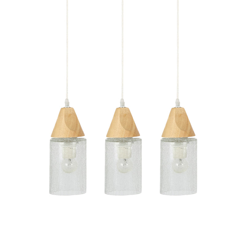 Clear Cracked Glass Tube Multi Light Pendant Modernism 3-Bulb Wood Suspension Lamp for Dining Room Clearhalo 'Ceiling Lights' 'Modern Pendants' 'Modern' 'Pendant Lights' 'Pendants' Lighting' 738273