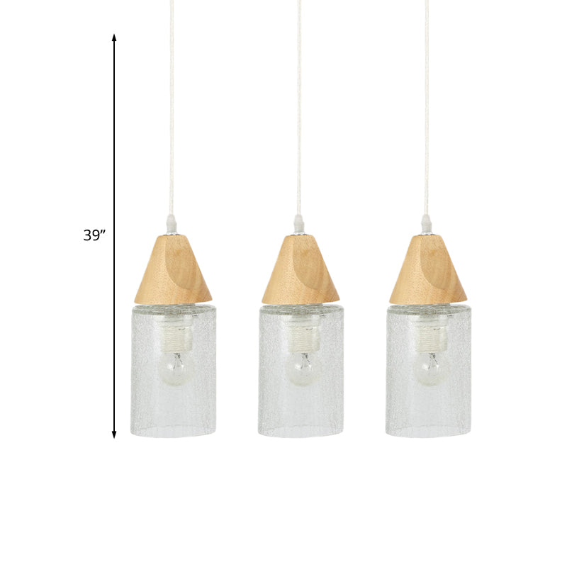 Clear Cracked Glass Tube Multi Light Pendant Modernism 3-Bulb Wood Suspension Lamp for Dining Room Clearhalo 'Ceiling Lights' 'Modern Pendants' 'Modern' 'Pendant Lights' 'Pendants' Lighting' 738274