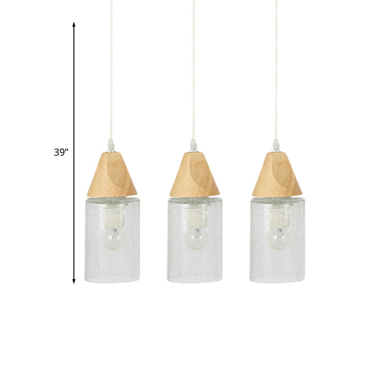 Clear Cracked Glass Tube Multi Light Pendant Modernism 3-Bulb Wood Suspension Lamp for Dining Room Clearhalo 'Ceiling Lights' 'Modern Pendants' 'Modern' 'Pendant Lights' 'Pendants' Lighting' 738274