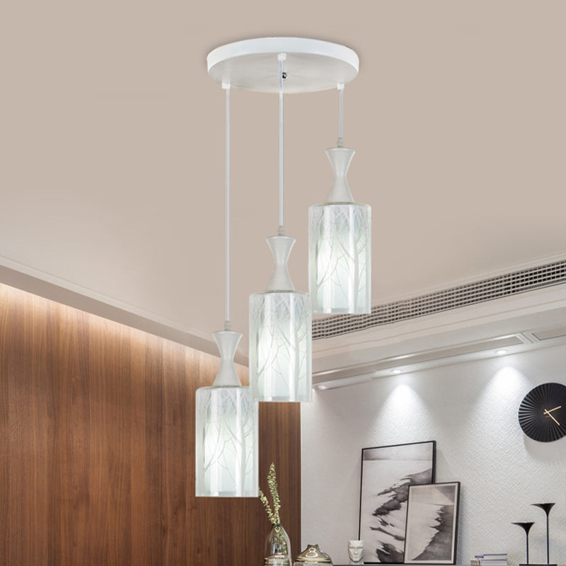 3 Heads Dining Room Multi Ceiling Light Contemporary White Pendant Lamp with Cylinder Patterned Glass Shade White Clearhalo 'Ceiling Lights' 'Glass shade' 'Glass' 'Modern Pendants' 'Modern' 'Pendant Lights' 'Pendants' Lighting' 738275