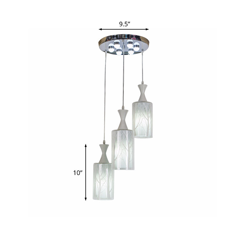 3 Heads Dining Room Multi Ceiling Light Contemporary White Pendant Lamp with Cylinder Patterned Glass Shade Clearhalo 'Ceiling Lights' 'Glass shade' 'Glass' 'Modern Pendants' 'Modern' 'Pendant Lights' 'Pendants' Lighting' 738278