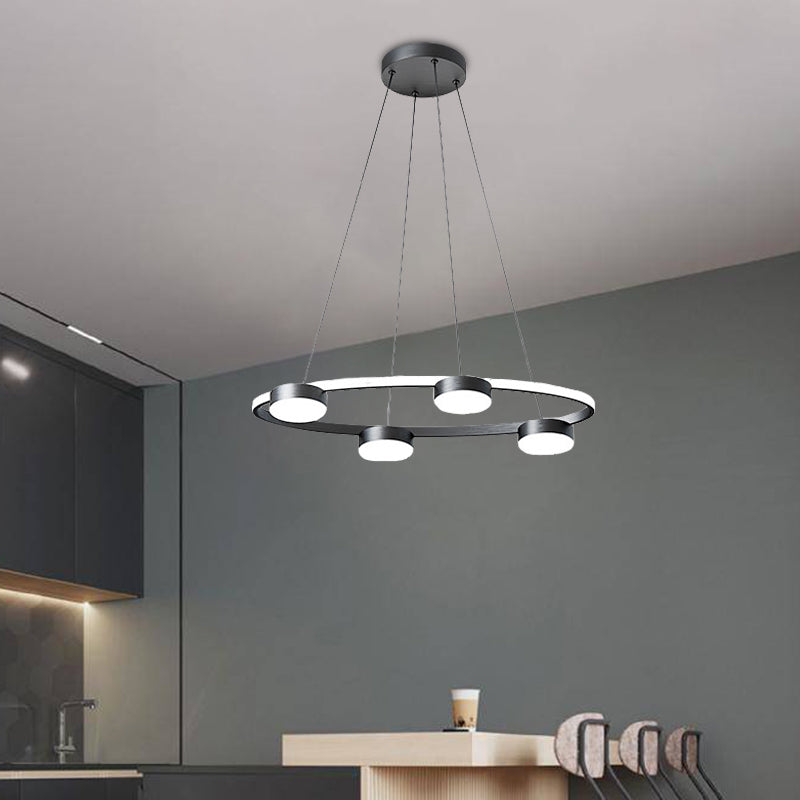 Black Drum Pendant Chandelier Minimalist 4-Head Acrylic Suspended Lighting Fixture with Ring Design for Dining Room in Warm/White Light Black Clearhalo 'Ceiling Lights' 'Chandeliers' Lighting' options 738304_91b54891-64d9-47a2-b0a1-d2e06abe406d