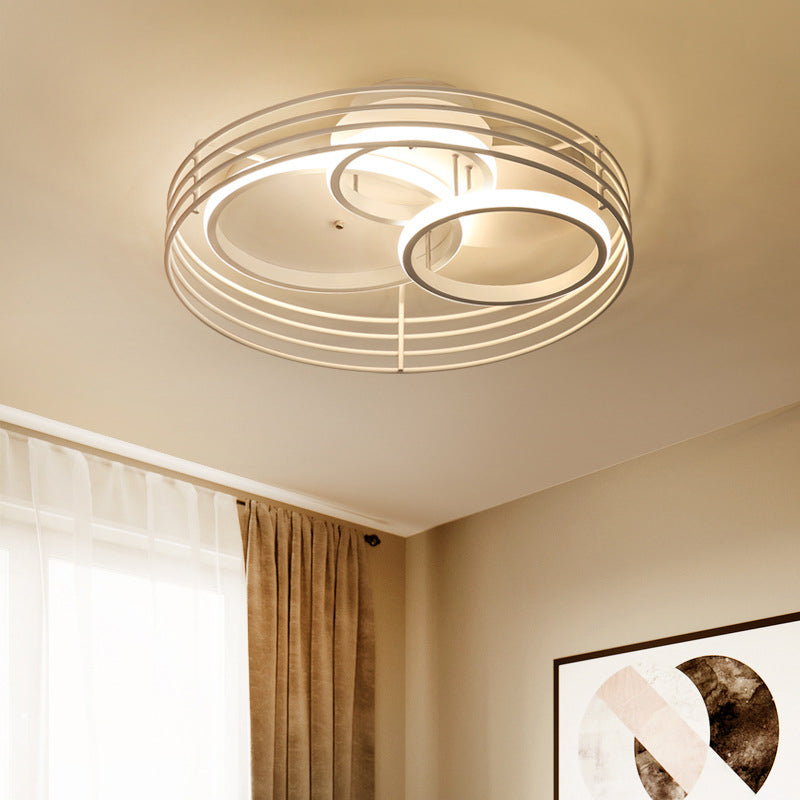 Acrylic 3 Overlapping Rings Flush Light Contemporary 16"/19.5" Wide Black/White LED Ceiling Flush Mount with Drum Cage in Warm/White Light White Clearhalo 'Ceiling Lights' 'Close To Ceiling Lights' 'Close to ceiling' 'Flush mount' Lighting' 738378