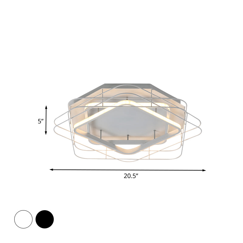 Acrylic Square Frame Flush Mount Lamp Modernist 20.5"/25" Wide Black/White LED Ceiling Fixture with Cage for Office in Warm/White Light Clearhalo 'Ceiling Lights' 'Close To Ceiling Lights' 'Close to ceiling' 'Flush mount' Lighting' 738477