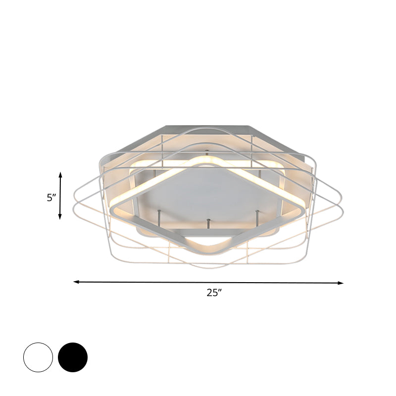 Acrylic Square Frame Flush Mount Lamp Modernist 20.5"/25" Wide Black/White LED Ceiling Fixture with Cage for Office in Warm/White Light Clearhalo 'Ceiling Lights' 'Close To Ceiling Lights' 'Close to ceiling' 'Flush mount' Lighting' 738478