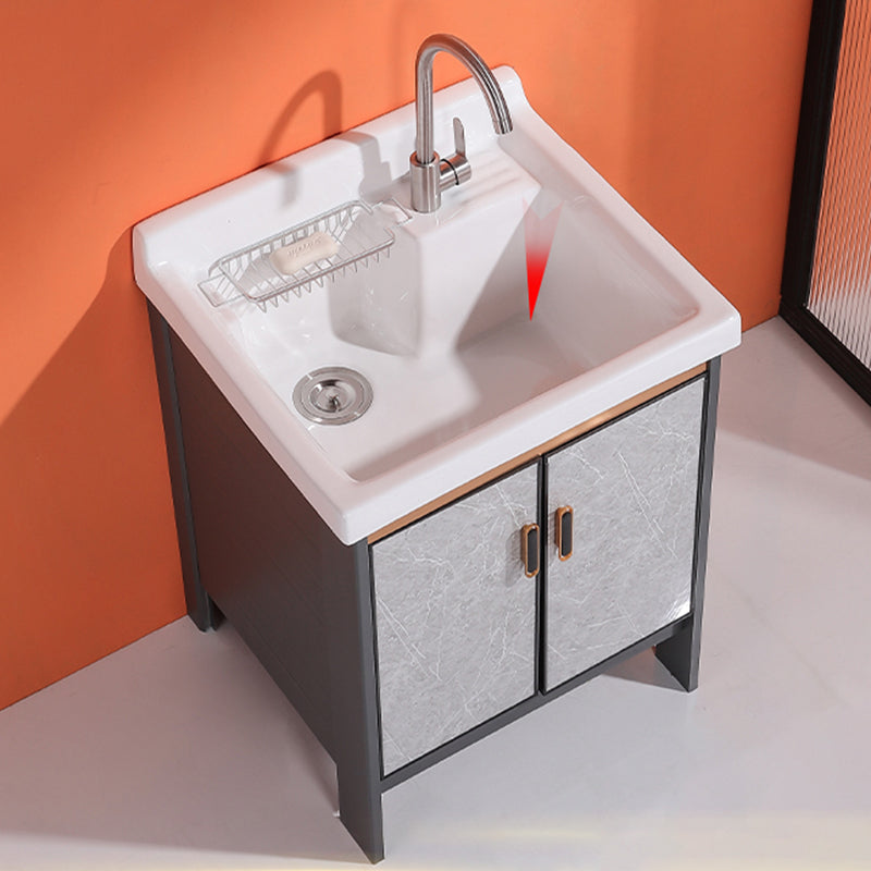 2 Doors Bathroom Vanity Freestanding Grey Rectangular Single Sink Metal Frame Bath Vanity Clearhalo 'Bathroom Remodel & Bathroom Fixtures' 'Bathroom Vanities' 'bathroom_vanities' 'Home Improvement' 'home_improvement' 'home_improvement_bathroom_vanities' 7385973