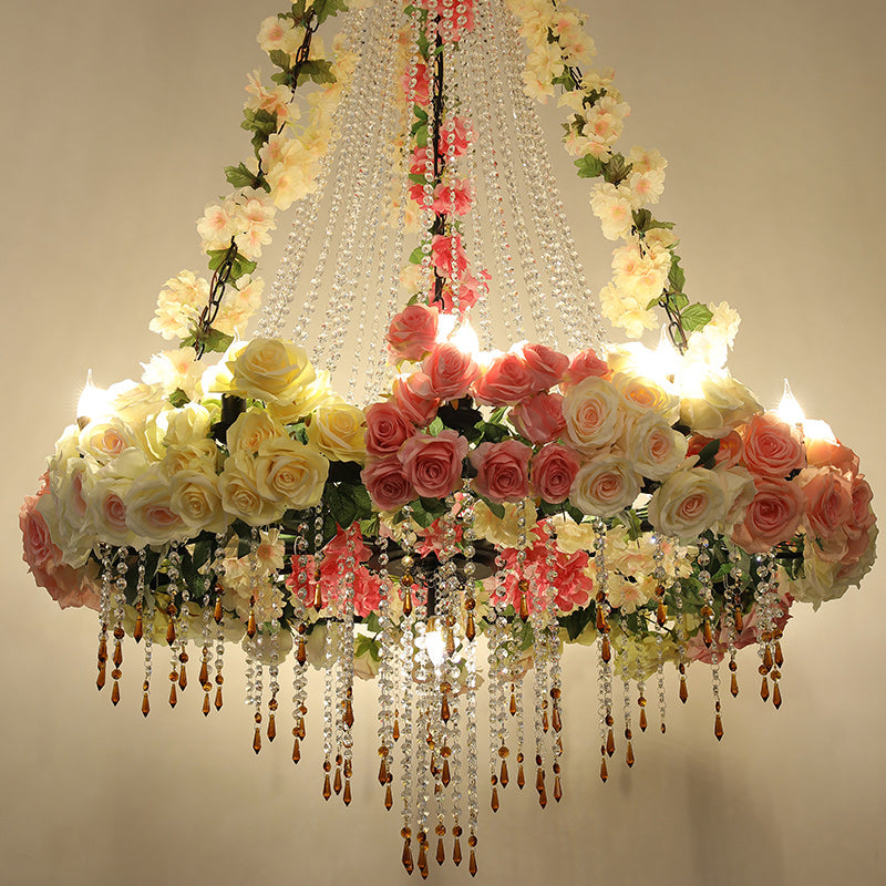 White 10 Heads Hanging Chandelier Industrial Crystal Raindrop Ceiling Lamp with Flower Decoration Clearhalo 'Ceiling Lights' 'Chandeliers' 'Industrial Chandeliers' 'Industrial' 'Middle Century Chandeliers' 'Tiffany' Lighting' 738634