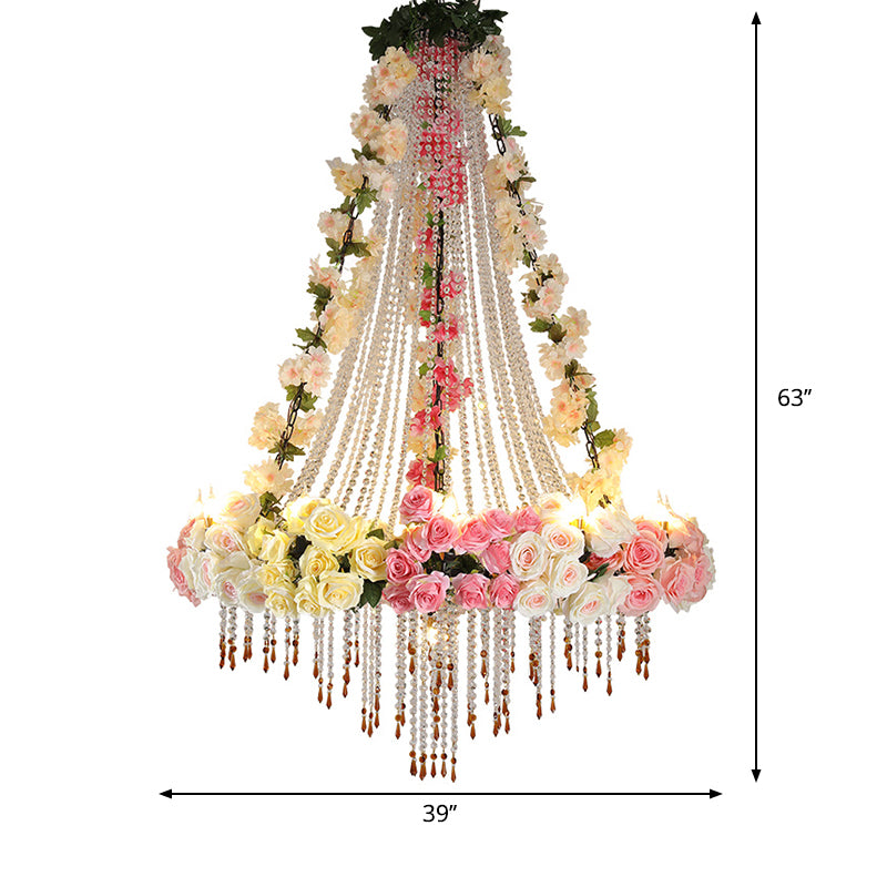 White 10 Heads Hanging Chandelier Industrial Crystal Raindrop Ceiling Lamp with Flower Decoration Clearhalo 'Ceiling Lights' 'Chandeliers' 'Industrial Chandeliers' 'Industrial' 'Middle Century Chandeliers' 'Tiffany' Lighting' 738635