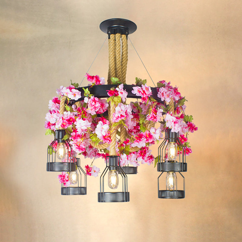 Black 6/12 Heads Chandelier Lighting Vintage Rope Wire Cage Drop Pendant with Floral Decoration Clearhalo 'Ceiling Lights' 'Chandeliers' 'Industrial Chandeliers' 'Industrial' 'Middle Century Chandeliers' 'Tiffany' Lighting' 738735