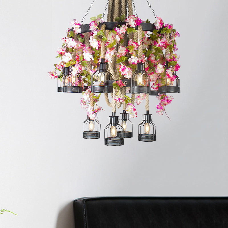 Black 6/12 Heads Chandelier Lighting Vintage Rope Wire Cage Drop Pendant with Floral Decoration Clearhalo 'Ceiling Lights' 'Chandeliers' 'Industrial Chandeliers' 'Industrial' 'Middle Century Chandeliers' 'Tiffany' Lighting' 738738