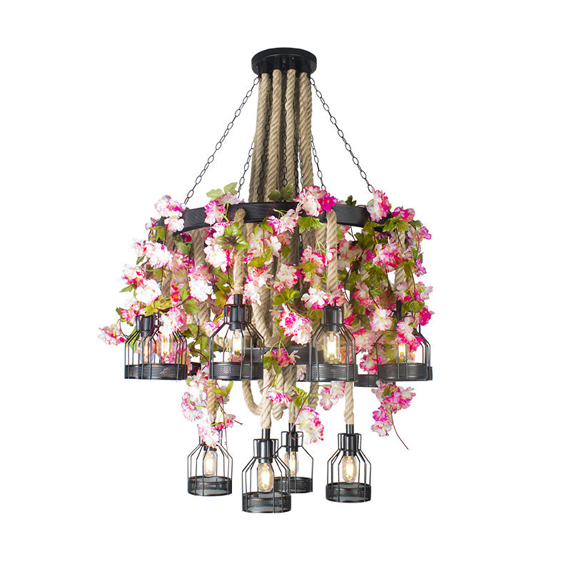 Black 6/12 Heads Chandelier Lighting Vintage Rope Wire Cage Drop Pendant with Floral Decoration Clearhalo 'Ceiling Lights' 'Chandeliers' 'Industrial Chandeliers' 'Industrial' 'Middle Century Chandeliers' 'Tiffany' Lighting' 738739