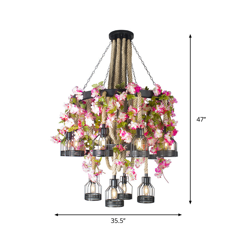 Black 6/12 Heads Chandelier Lighting Vintage Rope Wire Cage Drop Pendant with Floral Decoration Clearhalo 'Ceiling Lights' 'Chandeliers' 'Industrial Chandeliers' 'Industrial' 'Middle Century Chandeliers' 'Tiffany' Lighting' 738741