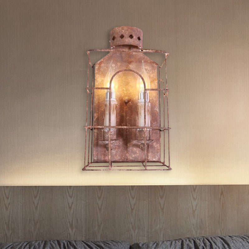 Metal Wire Cage Wall Sconce Light 2-Light Vintage Sconce Lamp in Rust for Hallway Corridor Clearhalo 'Art deco wall lights' 'Cast Iron' 'Glass' 'Industrial wall lights' 'Industrial' 'Middle century wall lights' 'Modern' 'Rustic wall lights' 'Tiffany' 'Traditional wall lights' 'Wall Lamps & Sconces' 'Wall Lights' Lighting' 738742