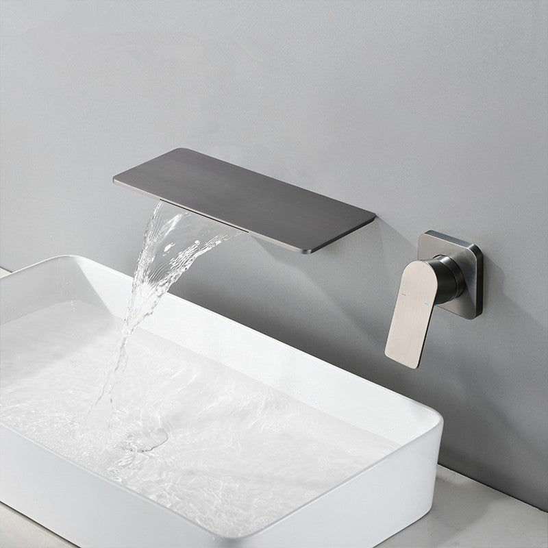 Sink Faucet Wall Mount Waterfall Spout 2 Holes Lever Handle Bathroom Faucet Clearhalo 'bathroom_sink_faucets' 'Conjunta de Baño y Conjunta de Grifo' 'Coronamiento de Baño y Dispositivo de Baño' 'Grifo del lavabo del baño' 'Hogar' 'home_improvement' 'home_improvement_bathroom_sink_faucets' 'Mejoras para el hogar' 7387877