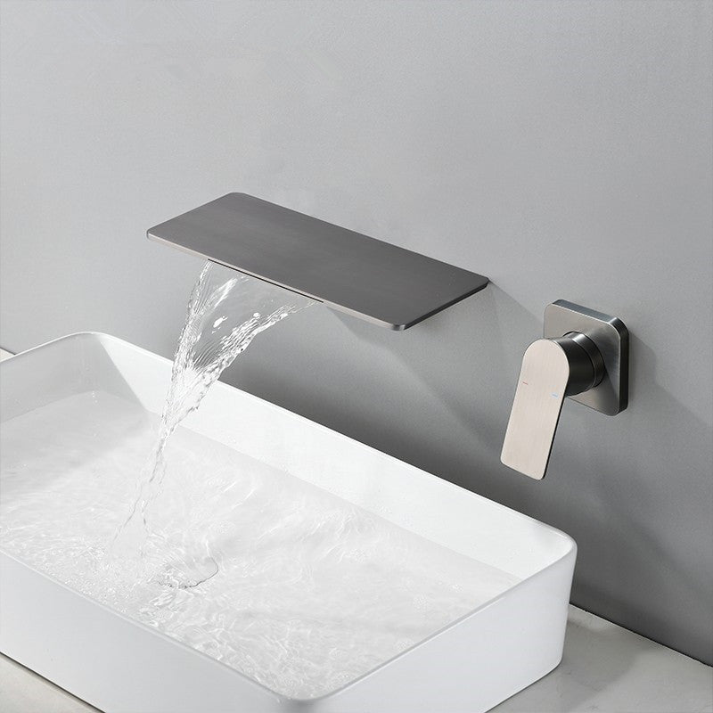 Sink Faucet Wall Mount Waterfall Spout 2 Holes Lever Handle Bathroom Faucet Gris Clearhalo 'bathroom_sink_faucets' 'Conjunta de Baño y Conjunta de Grifo' 'Coronamiento de Baño y Dispositivo de Baño' 'Grifo del lavabo del baño' 'Hogar' 'home_improvement' 'home_improvement_bathroom_sink_faucets' 'Mejoras para el hogar' 7387878