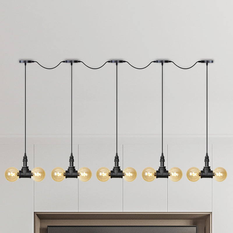 Black 6/10/14 Heads Multi Light Pendant Vintage Amber Glass Ball Tandem LED Suspension Lamp 10 Black Clearhalo 'Ceiling Lights' 'Close To Ceiling Lights' 'Glass shade' 'Glass' 'Industrial Pendants' 'Industrial' 'Middle Century Pendants' 'Pendant Lights' 'Pendants' 'Tiffany' Lighting' 738957