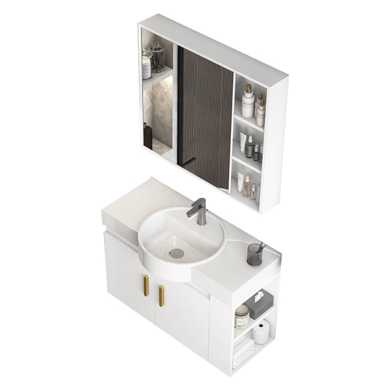 Single Sink Glam Bathroom Vanity White Ceramic Round Wall Mount Vanity Set Vanity & Faucet & Mirror Cabinet Clearhalo 'Bathroom Remodel & Bathroom Fixtures' 'Bathroom Vanities' 'bathroom_vanities' 'Home Improvement' 'home_improvement' 'home_improvement_bathroom_vanities' 7390365