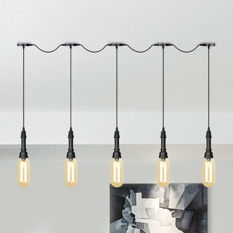 3/5/7 Lights Capsule Multi Light Chandelier Industrial Black Finish Amber Glass Tandem LED Hanging Ceiling Lamp 5 Black Clearhalo 'Ceiling Lights' 'Glass shade' 'Glass' 'Industrial Pendants' 'Industrial' 'Middle Century Pendants' 'Pendant Lights' 'Pendants' 'Tiffany' Lighting' 739056