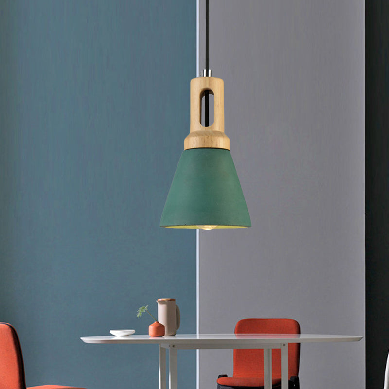 1-Light Cement Hanging Lighting Vintage Black/Grey/Red and Wood Bell Bar Ceiling Pendant Lamp Green Clearhalo 'Ceiling Lights' 'Industrial Pendants' 'Industrial' 'Middle Century Pendants' 'Pendant Lights' 'Pendants' 'Tiffany' Lighting' 739160