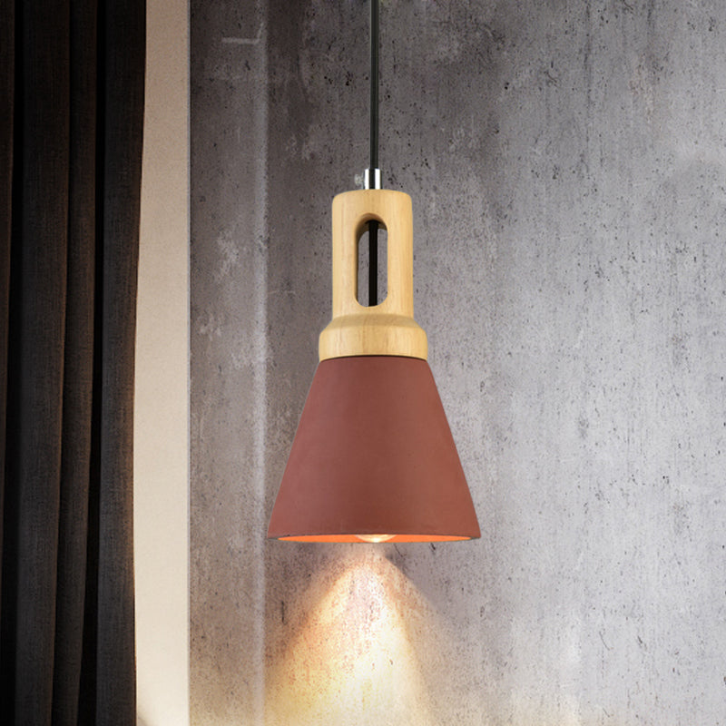 1-Light Cement Hanging Lighting Vintage Black/Grey/Red and Wood Bell Bar Ceiling Pendant Lamp Clearhalo 'Ceiling Lights' 'Industrial Pendants' 'Industrial' 'Middle Century Pendants' 'Pendant Lights' 'Pendants' 'Tiffany' Lighting' 739165