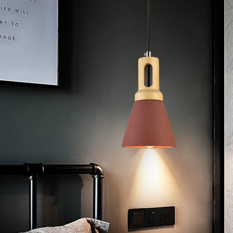1-Light Cement Hanging Lighting Vintage Black/Grey/Red and Wood Bell Bar Ceiling Pendant Lamp Clearhalo 'Ceiling Lights' 'Industrial Pendants' 'Industrial' 'Middle Century Pendants' 'Pendant Lights' 'Pendants' 'Tiffany' Lighting' 739166