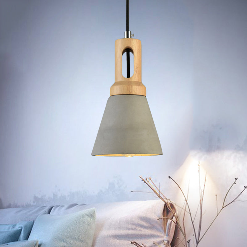 1-Light Cement Hanging Lighting Vintage Black/Grey/Red and Wood Bell Bar Ceiling Pendant Lamp Grey Clearhalo 'Ceiling Lights' 'Industrial Pendants' 'Industrial' 'Middle Century Pendants' 'Pendant Lights' 'Pendants' 'Tiffany' Lighting' 739168