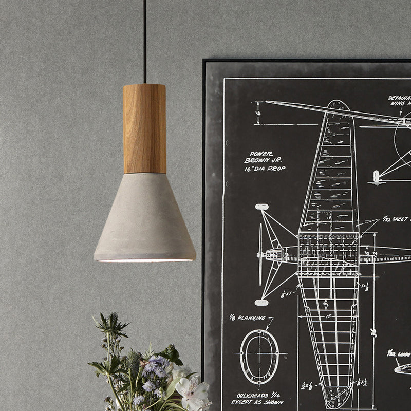 Cement Grey Hanging Light Kit Cone/Trapezoid/Can 1-Head 8.5"/10"/12" High Industrial Pendant Lamp Fixture with Wood Top Grey 12" Clearhalo 'Ceiling Lights' 'Industrial Pendants' 'Industrial' 'Middle Century Pendants' 'Pendant Lights' 'Pendants' 'Tiffany' Lighting' 739176