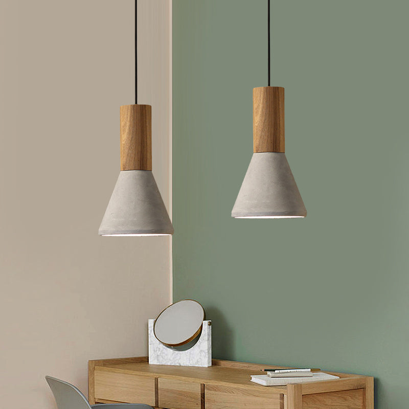 Cement Grey Hanging Light Kit Cone/Trapezoid/Can 1-Head 8.5"/10"/12" High Industrial Pendant Lamp Fixture with Wood Top Clearhalo 'Ceiling Lights' 'Industrial Pendants' 'Industrial' 'Middle Century Pendants' 'Pendant Lights' 'Pendants' 'Tiffany' Lighting' 739177