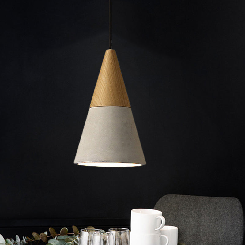 Cement Grey Hanging Light Kit Cone/Trapezoid/Can 1-Head 8.5"/10"/12" High Industrial Pendant Lamp Fixture with Wood Top Grey 8.5" Clearhalo 'Ceiling Lights' 'Industrial Pendants' 'Industrial' 'Middle Century Pendants' 'Pendant Lights' 'Pendants' 'Tiffany' Lighting' 739180