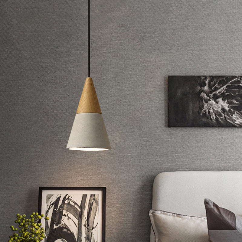 Cement Grey Hanging Light Kit Cone/Trapezoid/Can 1-Head 8.5"/10"/12" High Industrial Pendant Lamp Fixture with Wood Top Clearhalo 'Ceiling Lights' 'Industrial Pendants' 'Industrial' 'Middle Century Pendants' 'Pendant Lights' 'Pendants' 'Tiffany' Lighting' 739182
