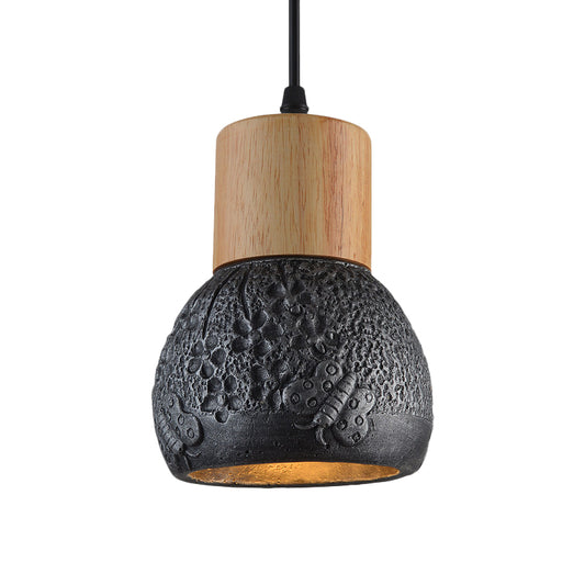 1 Head Cement Ceiling Light Industrial Black/Grey/Brown and Wood Dome Bedroom Pendant Lamp with Butterfly Pattern Clearhalo 'Ceiling Lights' 'Industrial Pendants' 'Industrial' 'Middle Century Pendants' 'Pendant Lights' 'Pendants' 'Tiffany' Lighting' 739192