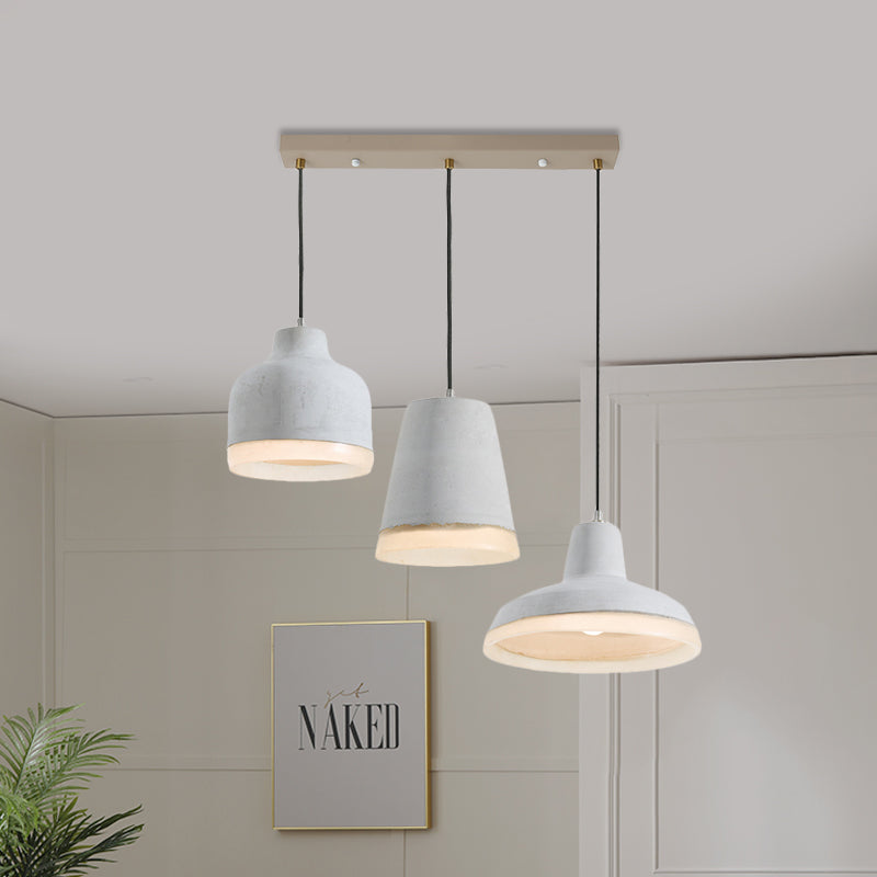 3 Bulbs Multiple Hanging Light Vintage Geometry Cement Pendant Lamp in Grey with Linear/Round Canopy Grey Linear Clearhalo 'Ceiling Lights' 'Industrial Pendants' 'Industrial' 'Middle Century Pendants' 'Pendant Lights' 'Pendants' 'Tiffany' Lighting' 739214
